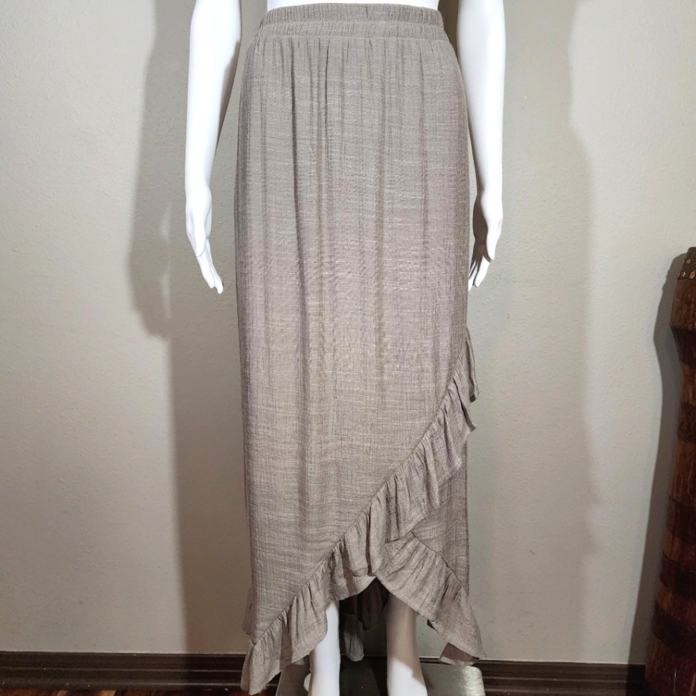 I.N. STUDIO Overlapped Ruffle Hem Gray Maxi Skirt